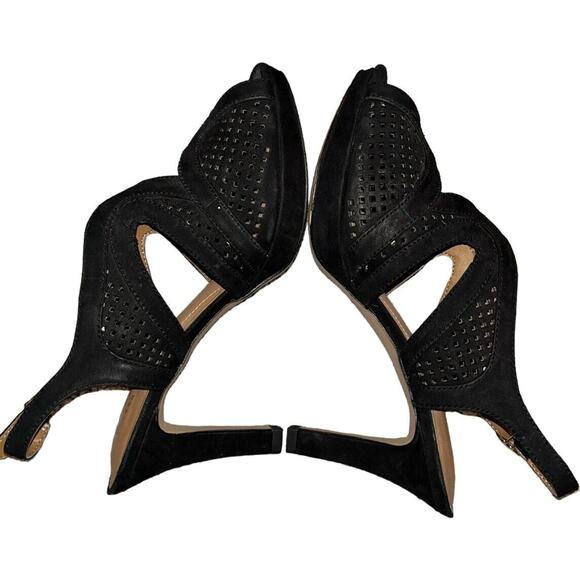 Clarks Artisan‎ Wessex Shay Pump Black Suede Laser Cut Peep Toe Heel Womens 7 - Picture 4 of 9